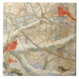 Northern Cardinals on a Snowy Branch Kakelplatta