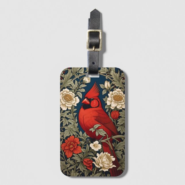Northern Kardinal Blommigt William Morris Inspired Bagagebricka (Framsida vertikal)