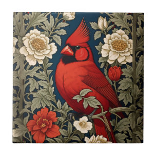 Northern Kardinal Blommigt William Morris Inspired Kakelplatta