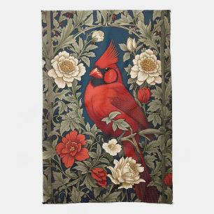 Northern Kardinal Blommigt William Morris Inspired Kökshandduk