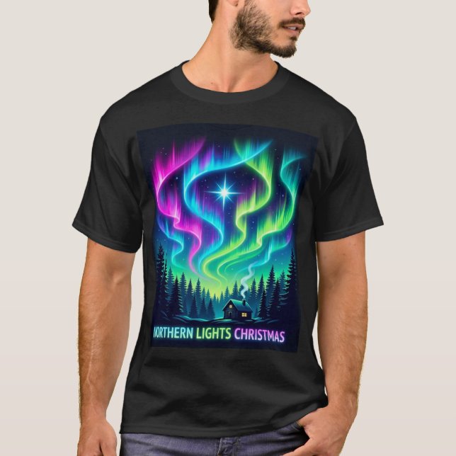 Northern Lights Christmas Cabin – Aurora Holiday M T Shirt (Framsida)