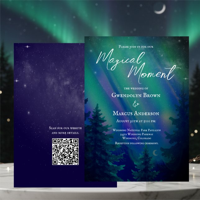 Northern Lights Forest  QR Code Wedding Inbjudningar (Skapare uppladdad)