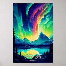 Northern Lights Iceland Art Travel Illustration