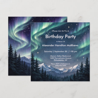 Northern Lights Mountain Forest Birthday  Inbjudningar