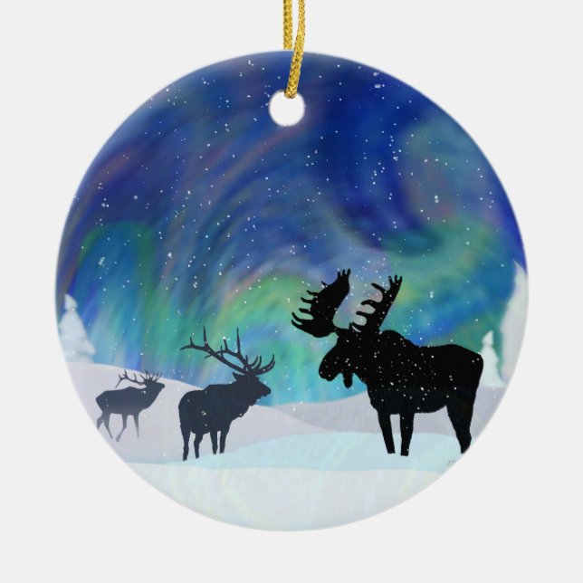 Northern Ljus Moose and Elk Julgransprydnad Keramik (Framsidan)