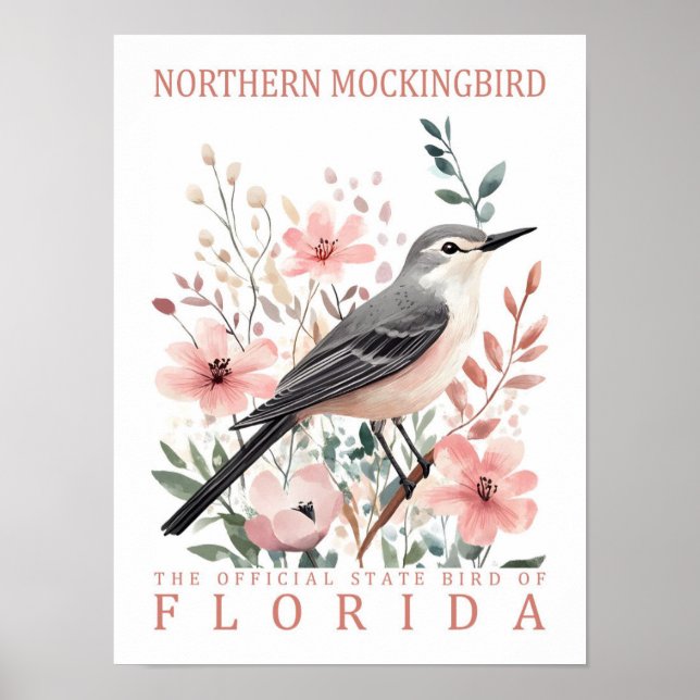 Northern Mockingbird Bird of Florida USA Travel Poster (Framsidan)