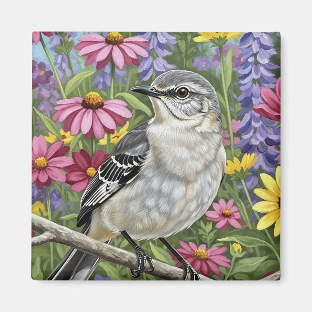 Northern Mockingbird with Flowers Magnet (Framsidan)