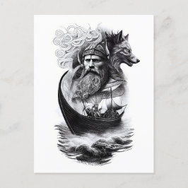 northern mythology Odin Fenriswolf and viking ship Vykort