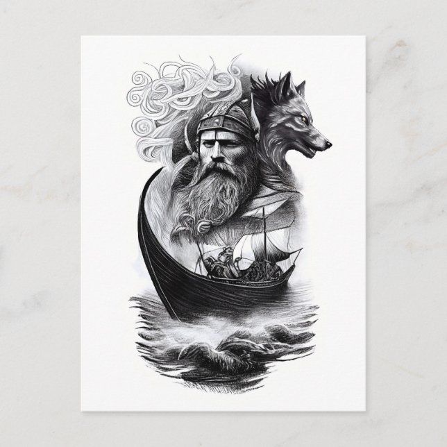 northern mythology Odin Fenriswolf and viking ship Vykort (Framsida)