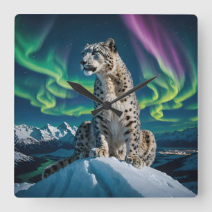“Northern Sky Wanderer” – Snöleopardporträtt Fyrkantig Klocka