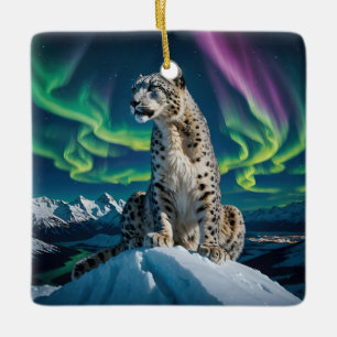 “Northern Sky Wanderer” – Snöleopardporträtt Julgransprydnad Keramik