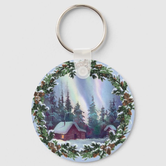 NORTHERNLIGHTS LOG CABIN & WREATH by SHARON SHARPE Nyckelring (Framsida)