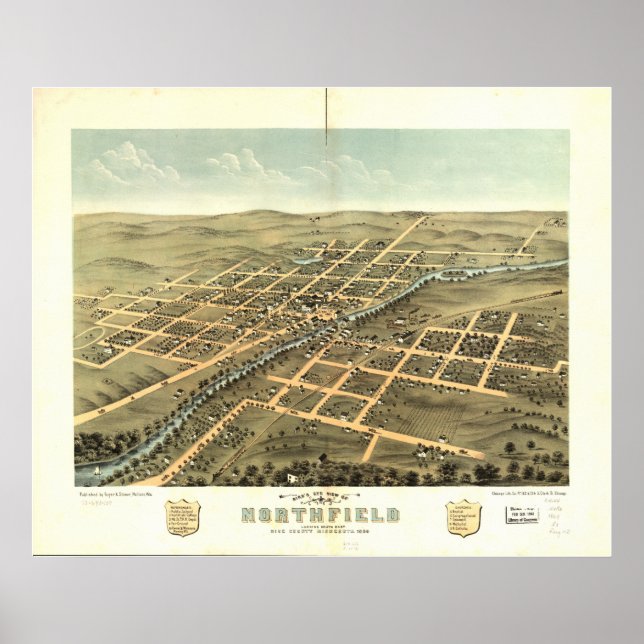 Northfield Minnesota 1869 Antique Panoramic Karta Poster (Framsidan)