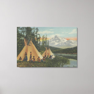 Northwest indier - två Teepees Near berg Canvastryck