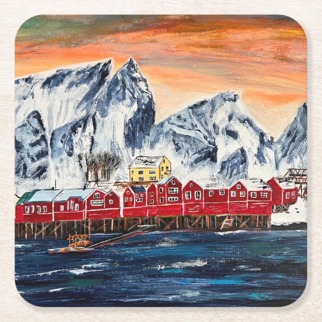 Norway Fishing Village Art Coaster Underlägg Papper Kvadrat (Framsidan)