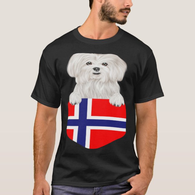 Norway Flag Maltese Dog In Pocket T Shirt (Framsida)
