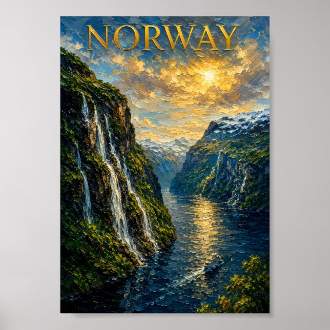 Norway: Majestic Fjord Sunset Art Souvenir Poster (Framsidan)