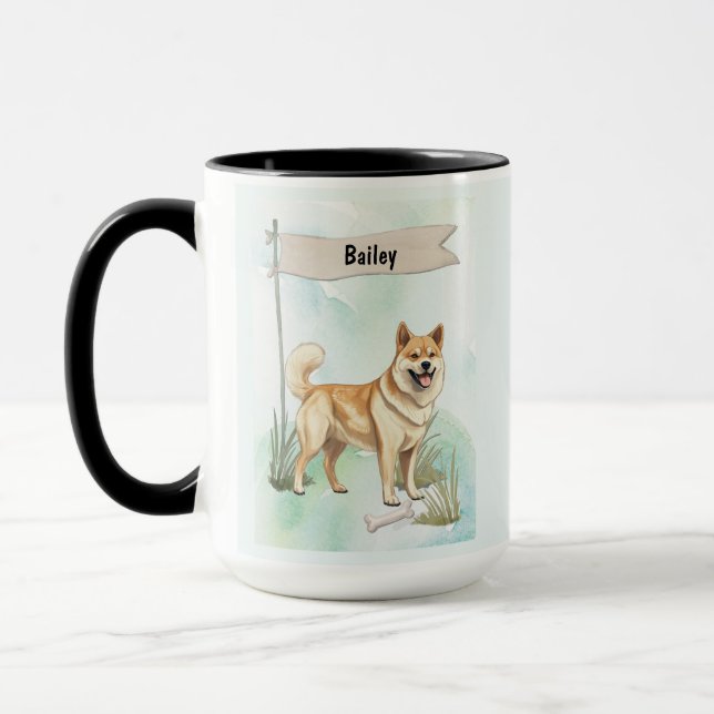 Norwegian Buhund Watercolor Personalized Dog Mugg (Vänster)