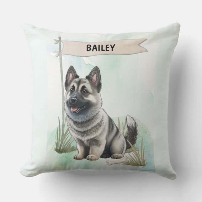 Norwegian Elkhound Watercolor Personalized Dog Kudde (Framsida)