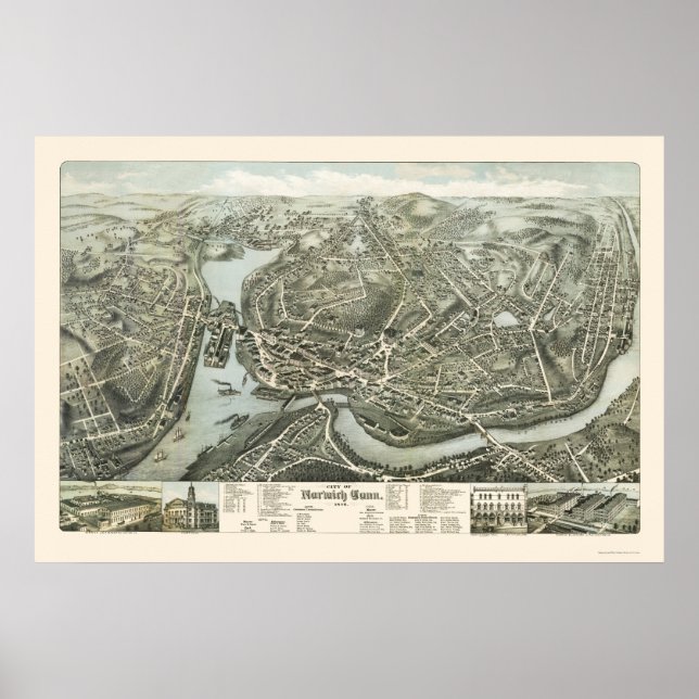 Norwich CT Panoramic Karta - 1876 Poster (Framsidan)
