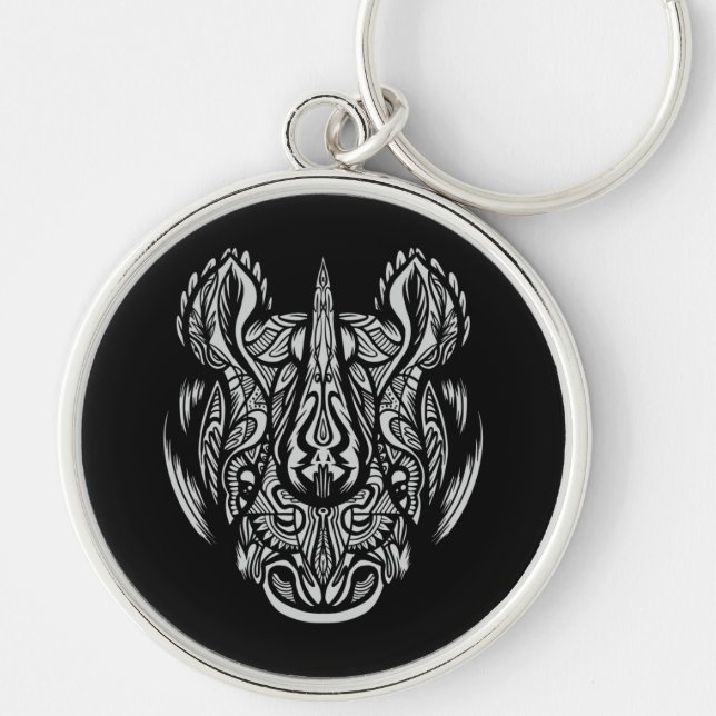 Noshörning Ansikts Ornament design Rund Silverfärgad Nyckelring (Framsidan)