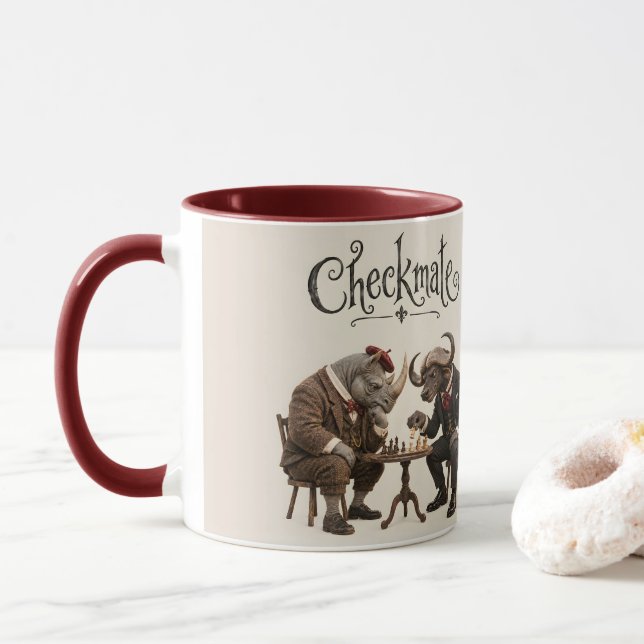 Noshörning och buffel schackduell mugg (Med munk)