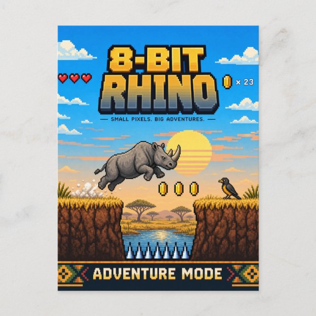 Noshörning, Retro 8-Bit Pixel Art Vykort (Framsida)