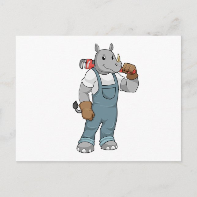 Noshörning som hantverkare med rörmokarverktyg vykort (Framsida)