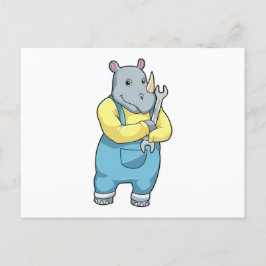 Noshörning som mekaniker med skiftnyckel vykort