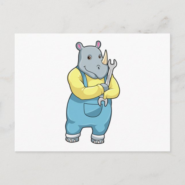 Noshörning som mekaniker med skiftnyckel vykort (Framsida)