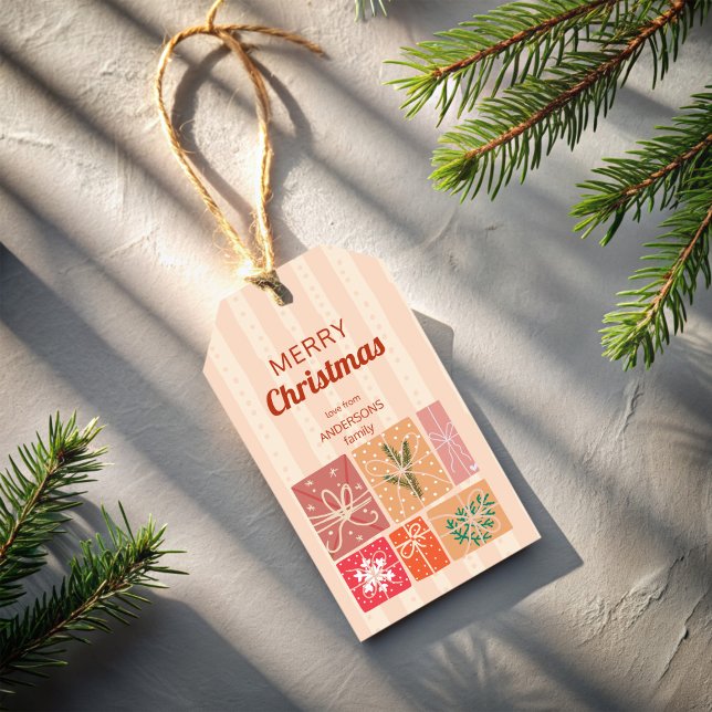 Nostalgia retro-personlig efter jultomten presentetikett (Nostalgia retro stripes personalized  Christmas Gift Tags pastel creative gift tags)