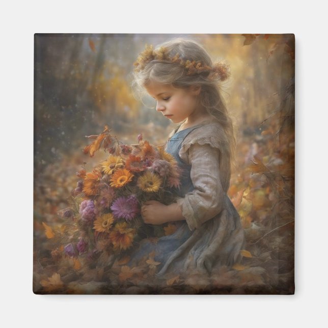 Nostalgic Autumn Child with Wildflower Bouquet Magnet (Framsidan)