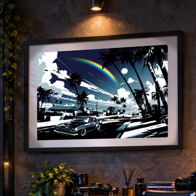 Nostalgic Blue American Car Palms Man Cave Art Poster (This image shows the product with a frame attached; the frame is not included.)
