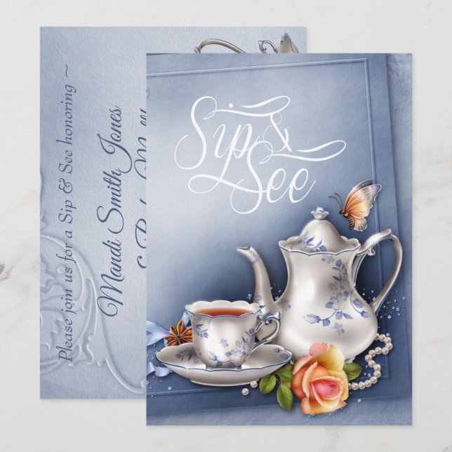 Nostalgic Blue Tea Party Sip och See Baby Shower Inbjudningar (Fram/baksida)