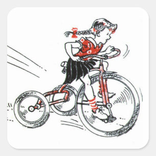 Nostalgic Girl på trecykeln Fyrkantigt Klistermärke