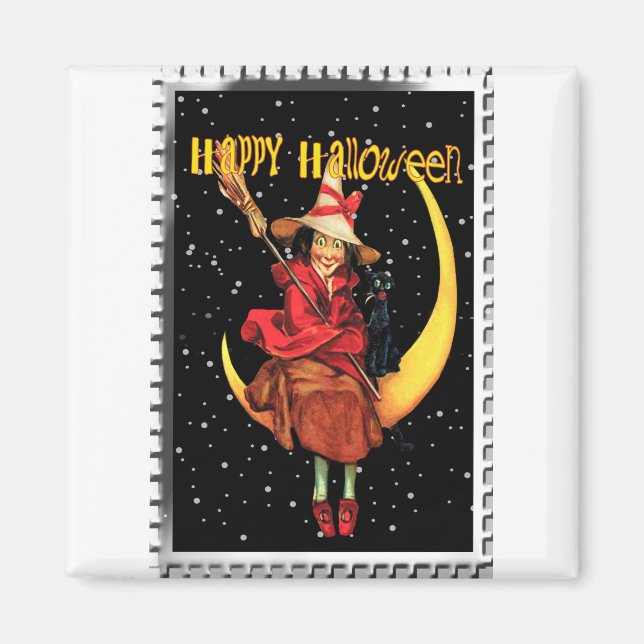 Nostalgic Halloween Bra Witch och hennes Katt Magnet (Framsidan)