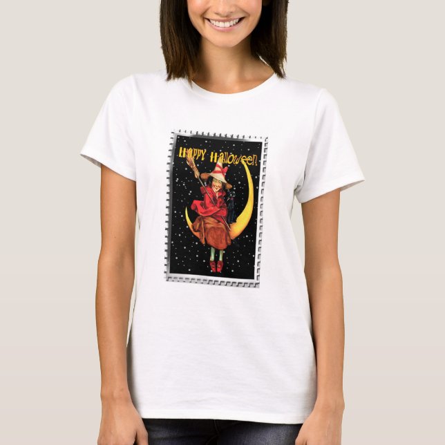 Nostalgic Halloween Bra Witch och hennes Katt T Shirt (Framsida)