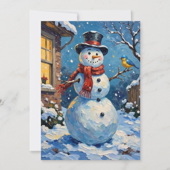 Nostalgic Happy Snowman with Bluebird Winter Scene Julkort (Framsida)