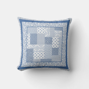Nostalgic Indigo Blue and White Faux Patchwork Kudde