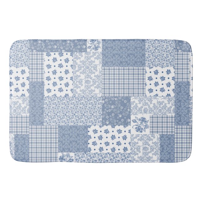 Nostalgic Indigo Faux Patchwork Large Bath Mat Badrumsmatta (Framsidan)