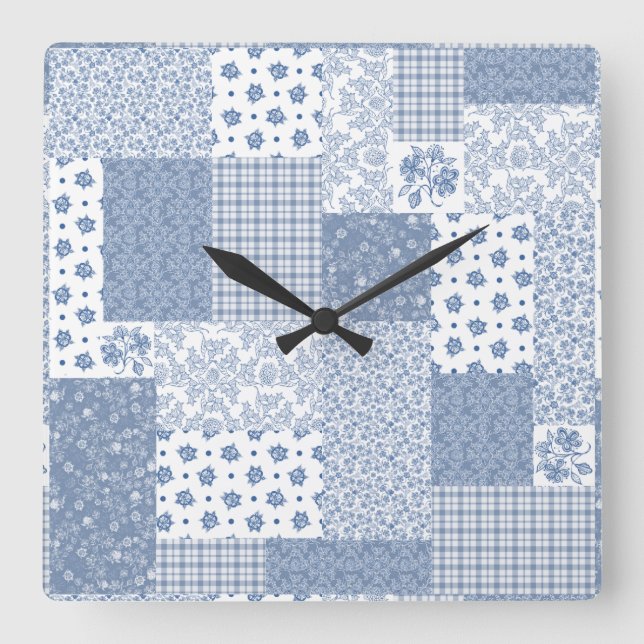 Nostalgic Indigo Faux Patchwork Square Wall Clock Fyrkantig Klocka (Framsida)
