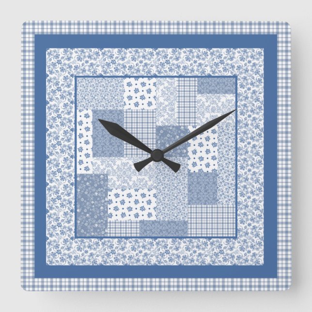 Nostalgic Indigo Faux Patchwork Square Wall Clock Fyrkantig Klocka (Framsida)