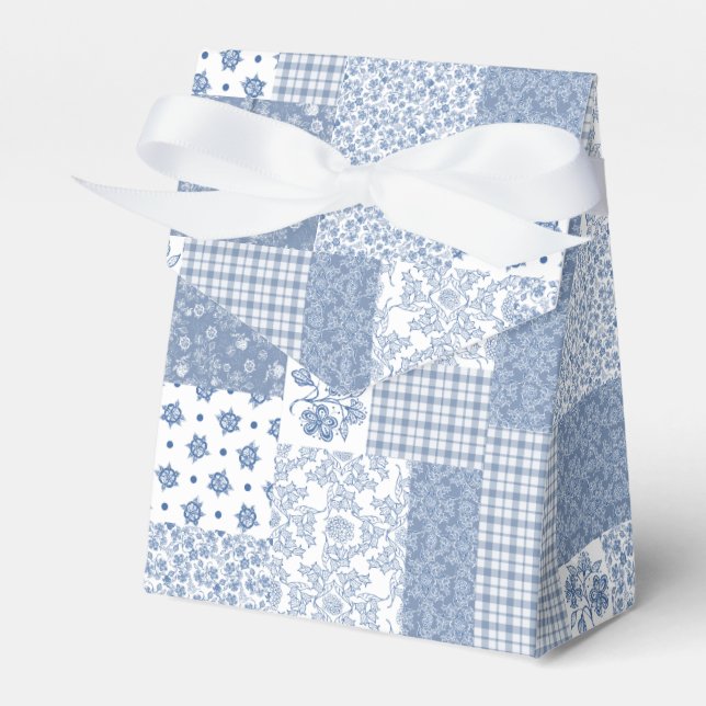Nostalgic Indigo Faux Patchwork Tält Favor Box Presentaskar (Framsidan Sidan)