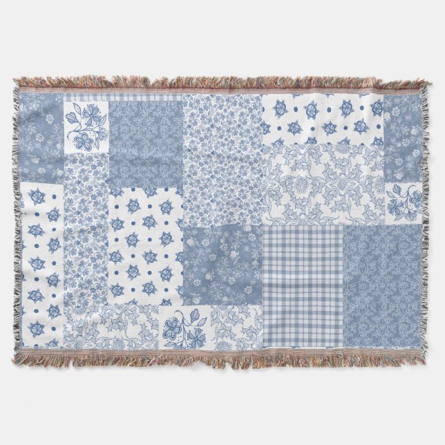 Nostalgic Indigo Faux Patchwork Throw Blanket Filt (Framsidan)