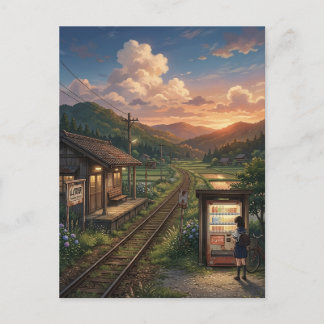 Nostalgic Japanese Summer Railway Station - Anime Vykort