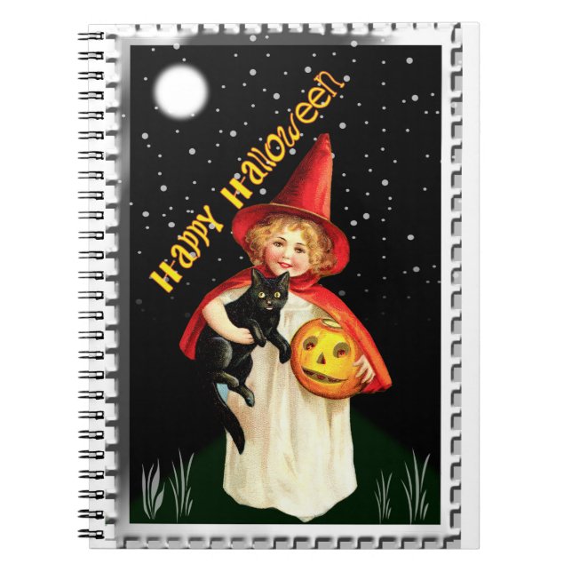 Nostalgic Little Girl, Jack-o’ lantern and Cat Anteckningsbok (Framsidan)