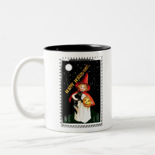 Nostalgic Little Girl, Jack-o’ lantern and Cat Två-Tonad Mugg