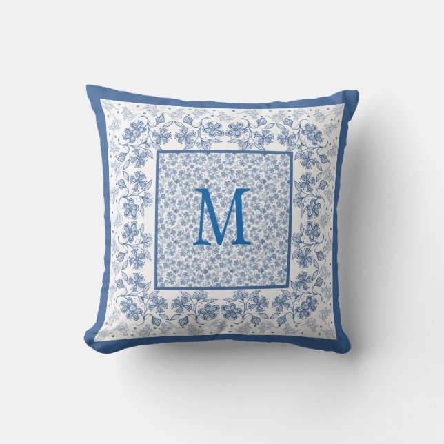 Nostalgic Monogram Indigo Blommigt Gräns Kudde (Framsida)