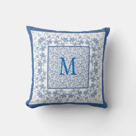 Nostalgic Monogram Indigo Blommigt Gräns Kudde