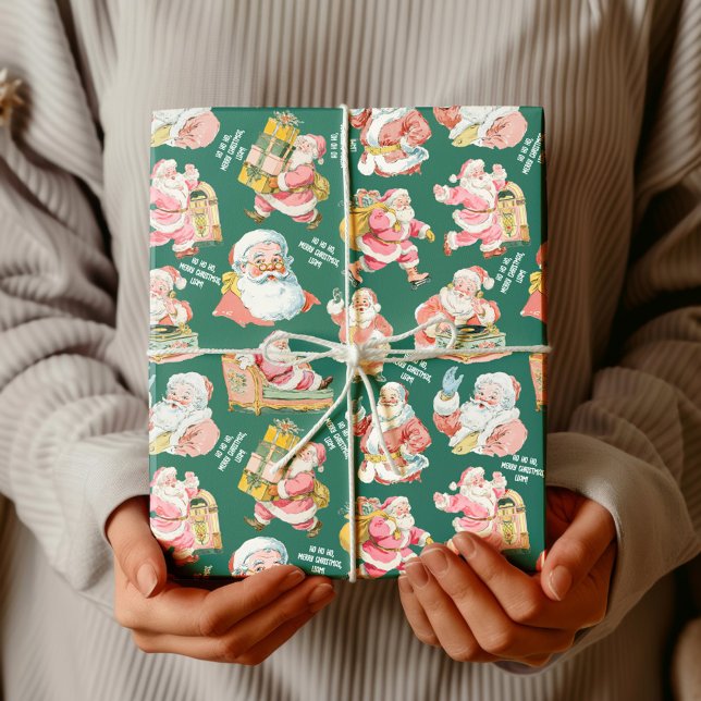 Nostalgic Retro Jultomten-jul i Grönt Presentpapper (Nostalgic Retro Santa Claus-Christmas in Green personalized name, gift wrapping set)